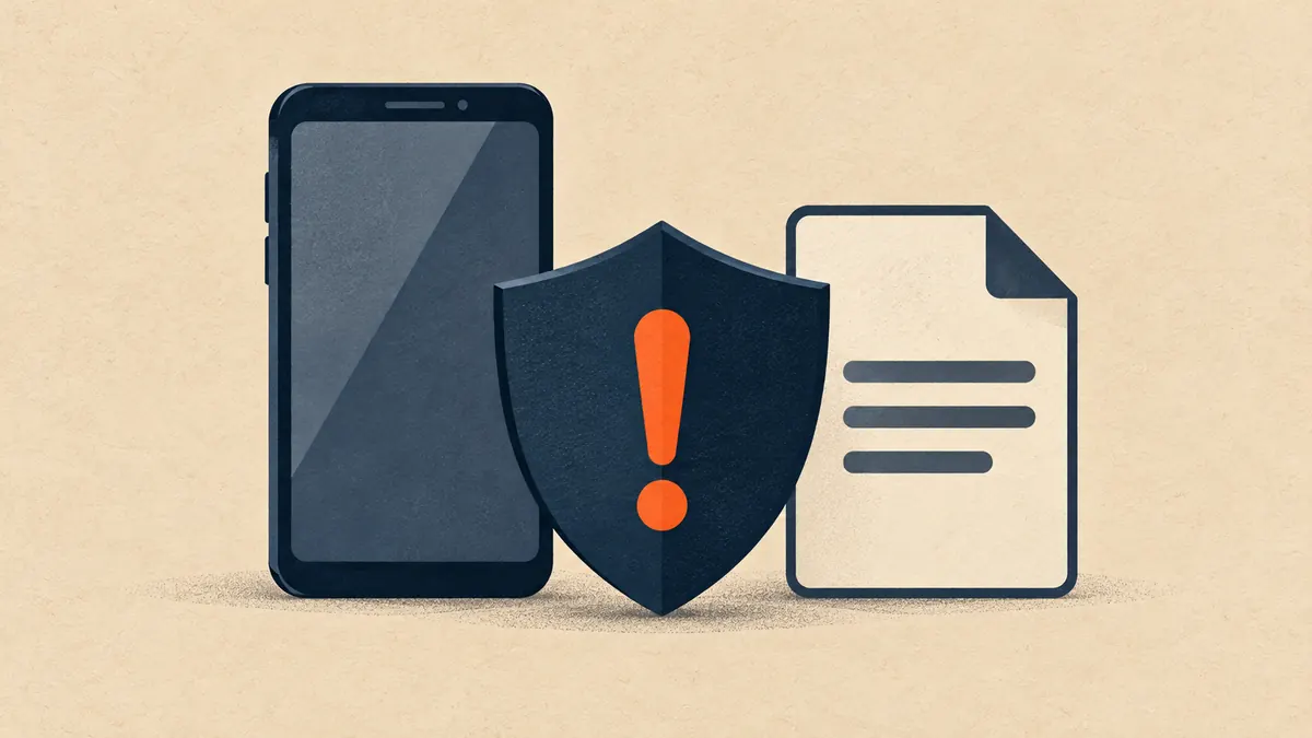A smartphone with a warning shield beside a file labelled APK