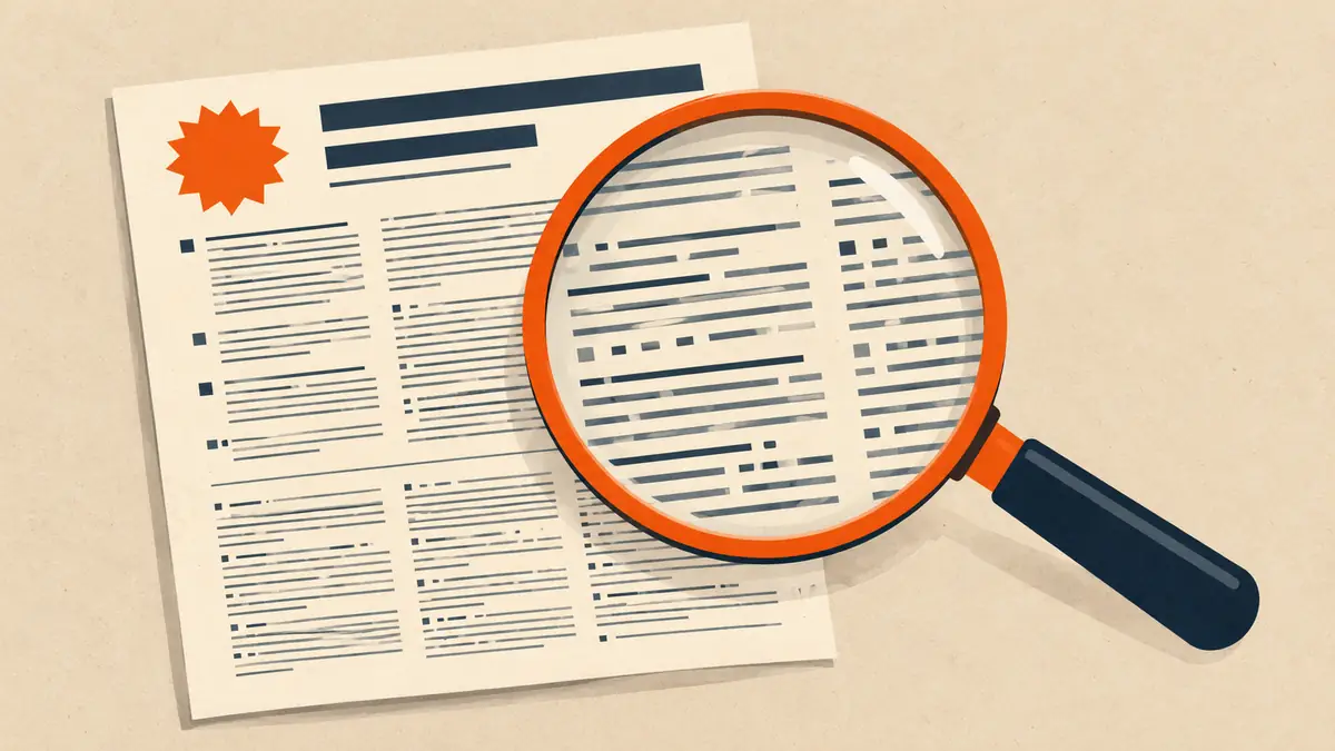 A magnifying glass over dense small print on a promotion leaflet