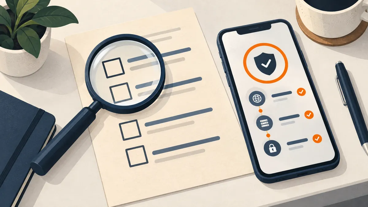 A paper checklist, a magnifying glass and a phone on a desk showing the steps of checking a betting site