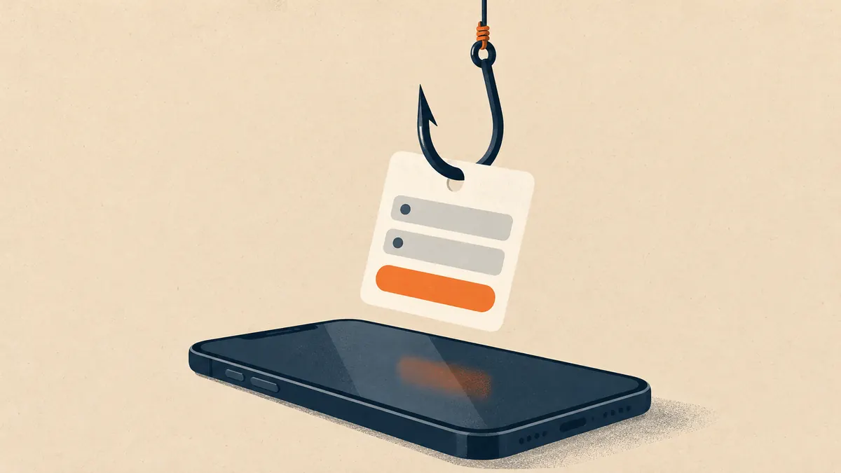 A fishing hook baited with a login form hovering above a phone