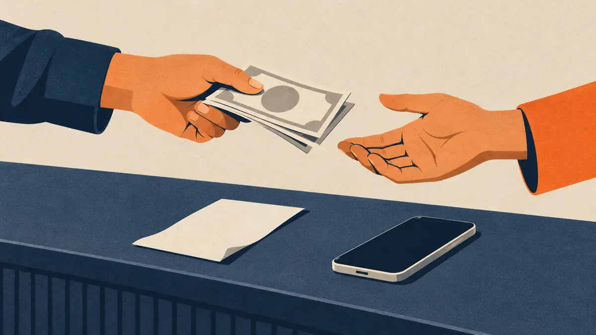 Hands exchanging cash across a counter with a receipt and a phone