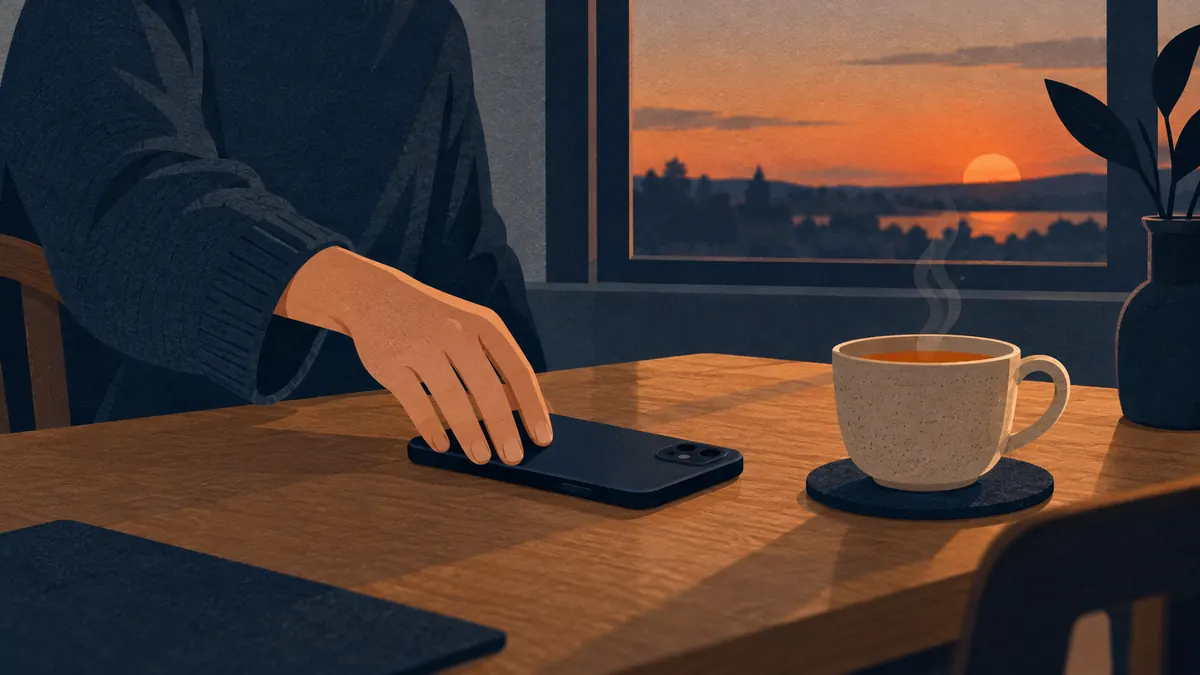 A person putting a phone down on a table beside a cup of tea at dusk
