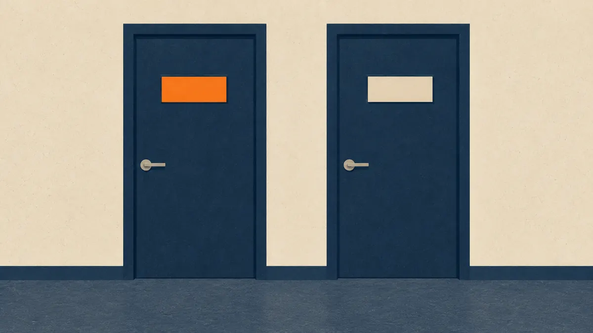 Two doors with similar signs, one clearly labelled and one blank