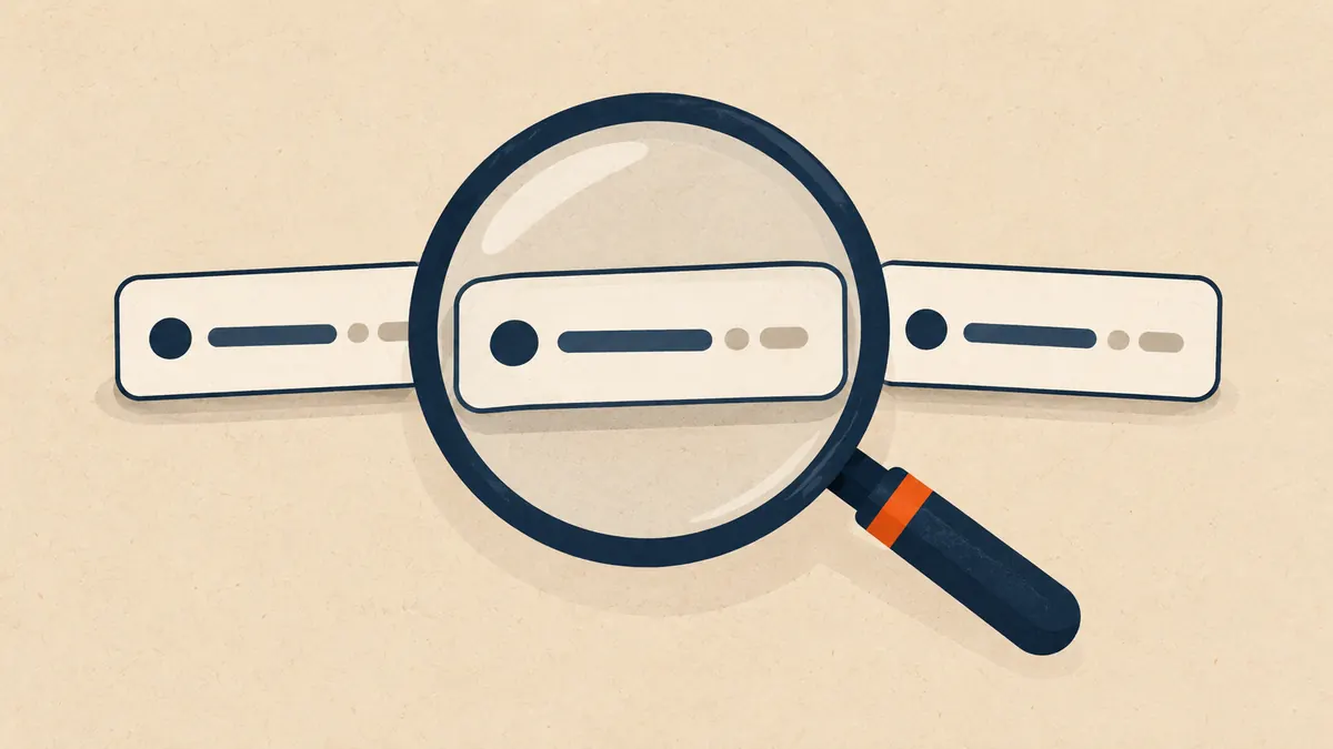 Three nearly identical website addresses on cards laid out under a magnifying glass